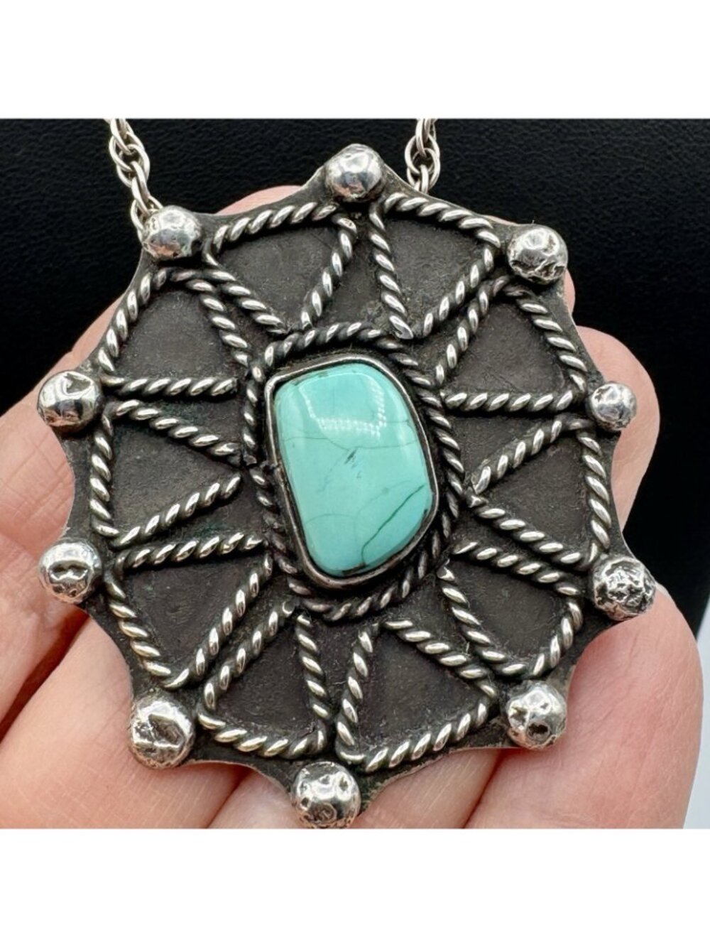 Southwestern Sterling Turquoise Spider Web Pendant Necklace Vintage 32g 28" - Picture 9 of 16